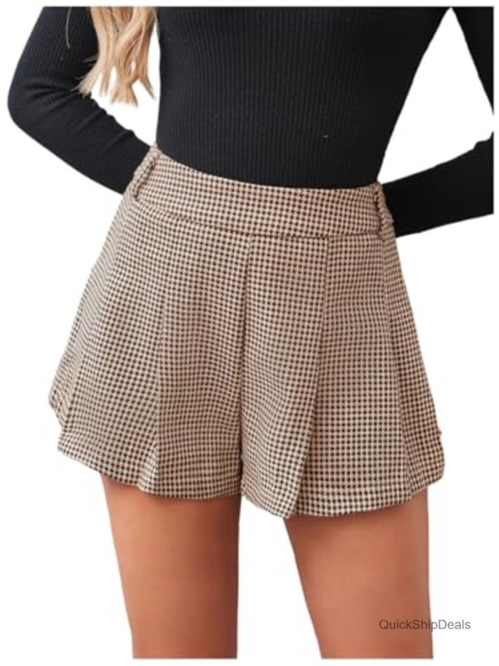 Houndstooth Plaid Pleated High Waisted Skort Wide Leg Casual Shorts
